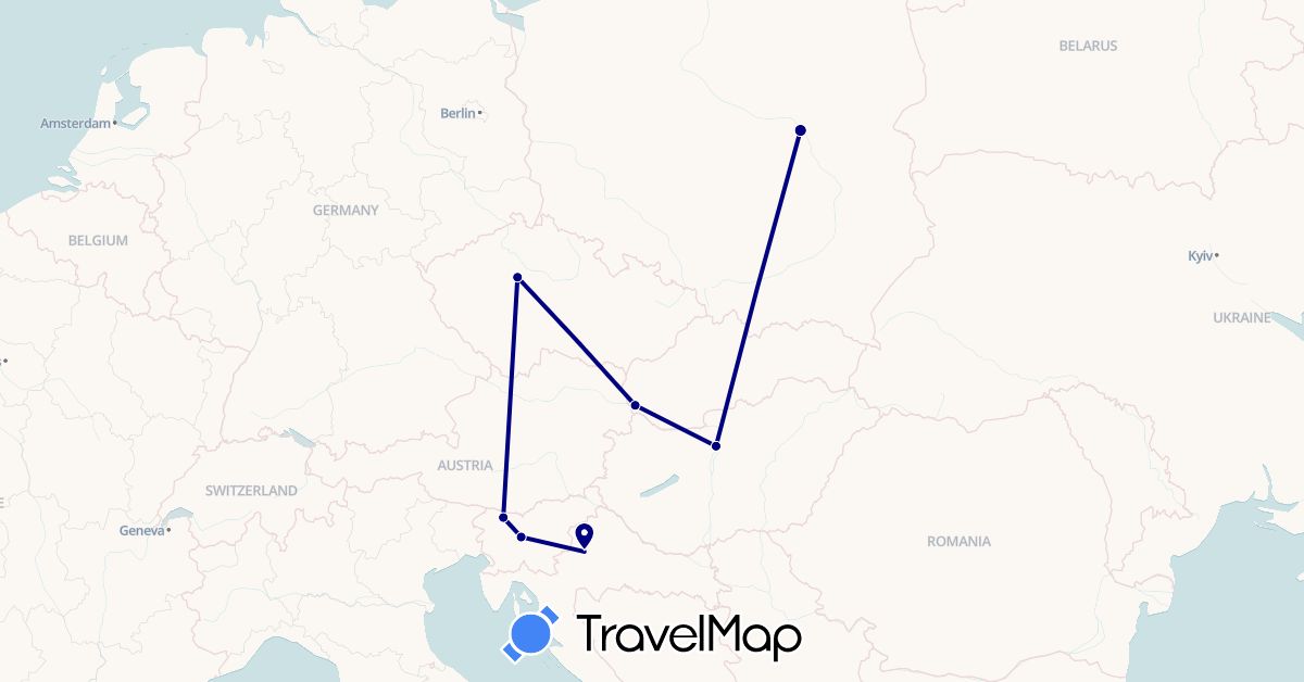 TravelMap itinerary: driving in Czech Republic, Croatia, Hungary, Poland, Slovenia, Slovakia (Europe)